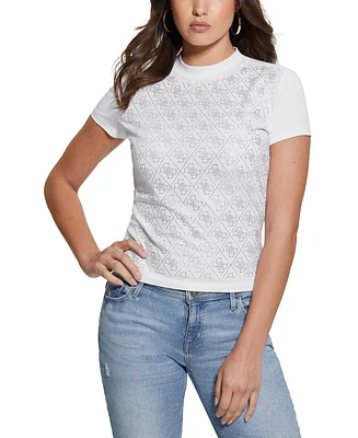 Guess Women's Rhinestone-Logo Mock-Neck Short-Sleeve Top