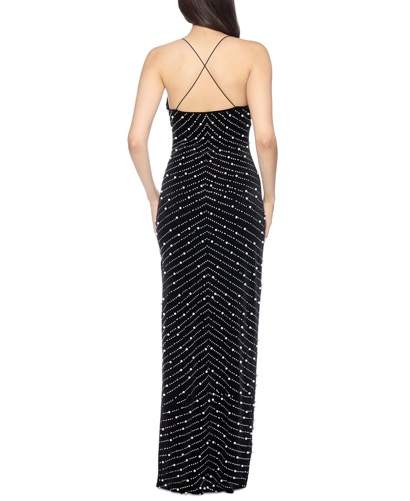 B Darlin Juniors' Faux Pearl Beaded Velvet Sweetheart-Neck Gown