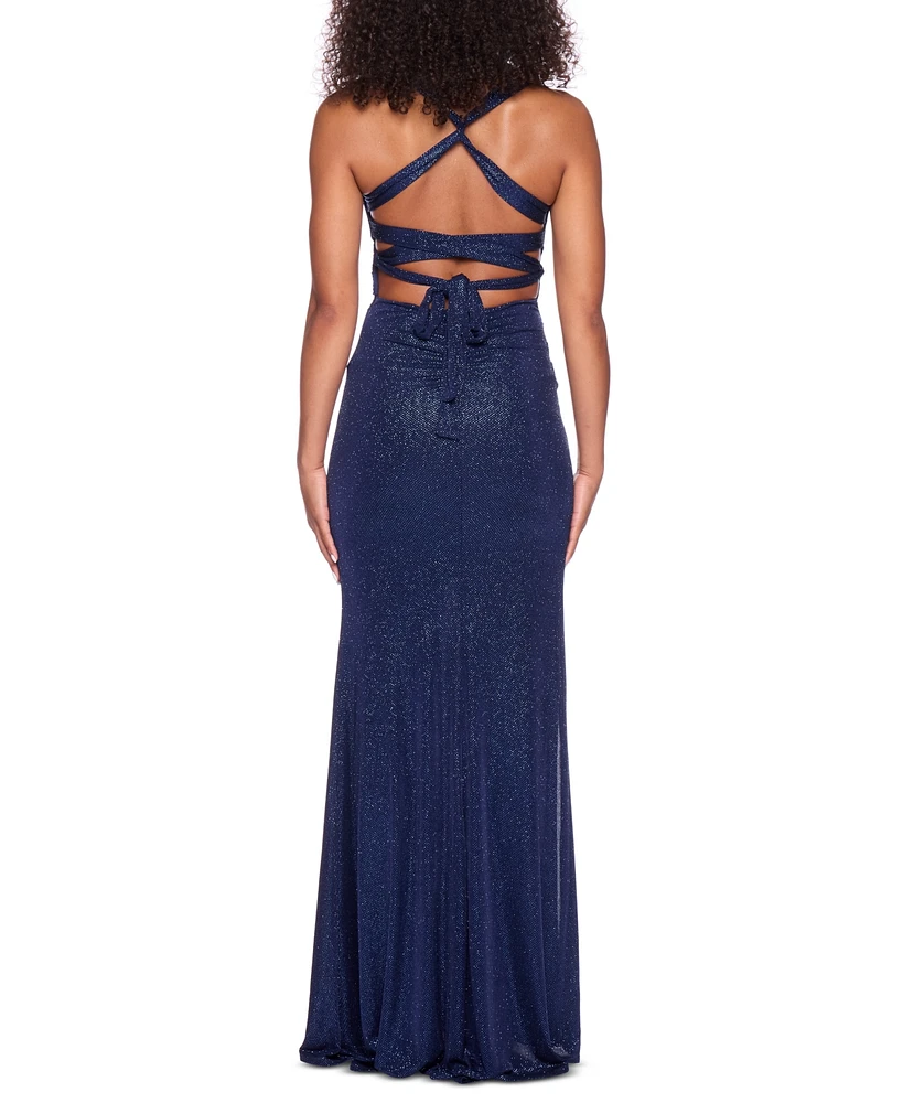 B Darlin Juniors' Glitter-Knit Plunge-Neck Side-Slit Gown