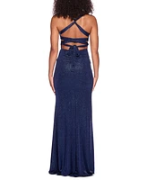 B Darlin Juniors' Glitter-Knit Plunge-Neck Side-Slit Gown