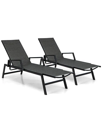 Gymax Set of 2 Wicker Outdoor Chaise Lounge Chair Patio w/ Metal Frame & Adjustable Backrest