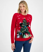 Holiday Lane Women's Sequinned Embroidered Sweater, Created for Macy's