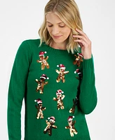 Holiday Lane Women's Sequined Gingerbread Crewneck Sweater, Created for Macy's