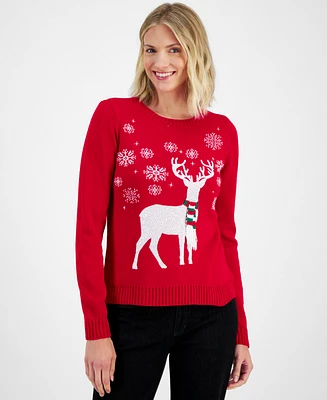 Holiday Lane Women's Sequined Reindeer Crewneck Sweater, Created for Macy's