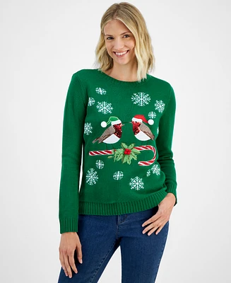 Holiday Lane Women's Merry Robins Crewneck Sweater, Created for Macy's