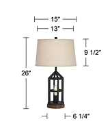 Franklin Iron Works Lucas Western Table Lamps 26" High Set of 2 with Usb Charging Port and Nightlight Led Bronze Metal Oatmeal Drum Shade for Living R