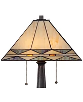 Art Deco Tiffany Style Accent Table Lamp 21.5" High Mission Bronze Brown Antique Cream Amber Stained Glass Shade Decor for Living Room Bedroom House B