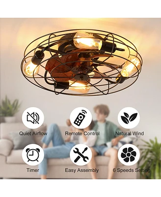 Simplie Fun Modern Low Profile Caged Ceiling Fan With Light