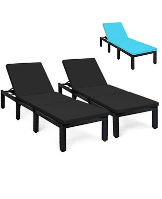 Gymax 2PCS Adjustable Rattan Patio Chaise Lounge Chair Couch w/ Black & Turquoise Cushion