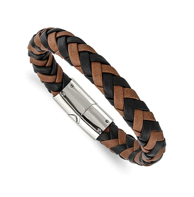 Chisel Stainless Steel Black and Brown Braided Leather Bracelet