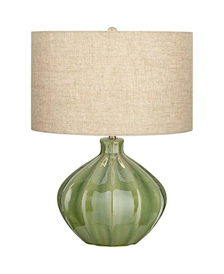 360 Lighting Gordy Modern Country Cottage Table Lamp with Usb Charging Port 20.5" High Green Ribbed Ceramic Oatmeal Fabric Drum Shade for Living Room