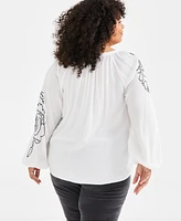 Style & Co Plus Floral-Embroidered Popover Blouse, Created for Macy's