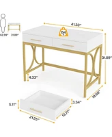 Tribesigns Modern Computer Desk with 2 Drawers, 41 Inches Study Writing Office Desk for Home Office, Bedroom, Makeup Vanity Table Desk with Gold Metal