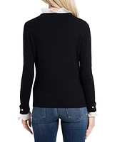 CeCe Women's Ruffle Collar & Sleeve Imitation Pearl Trim Crewneck Sweater