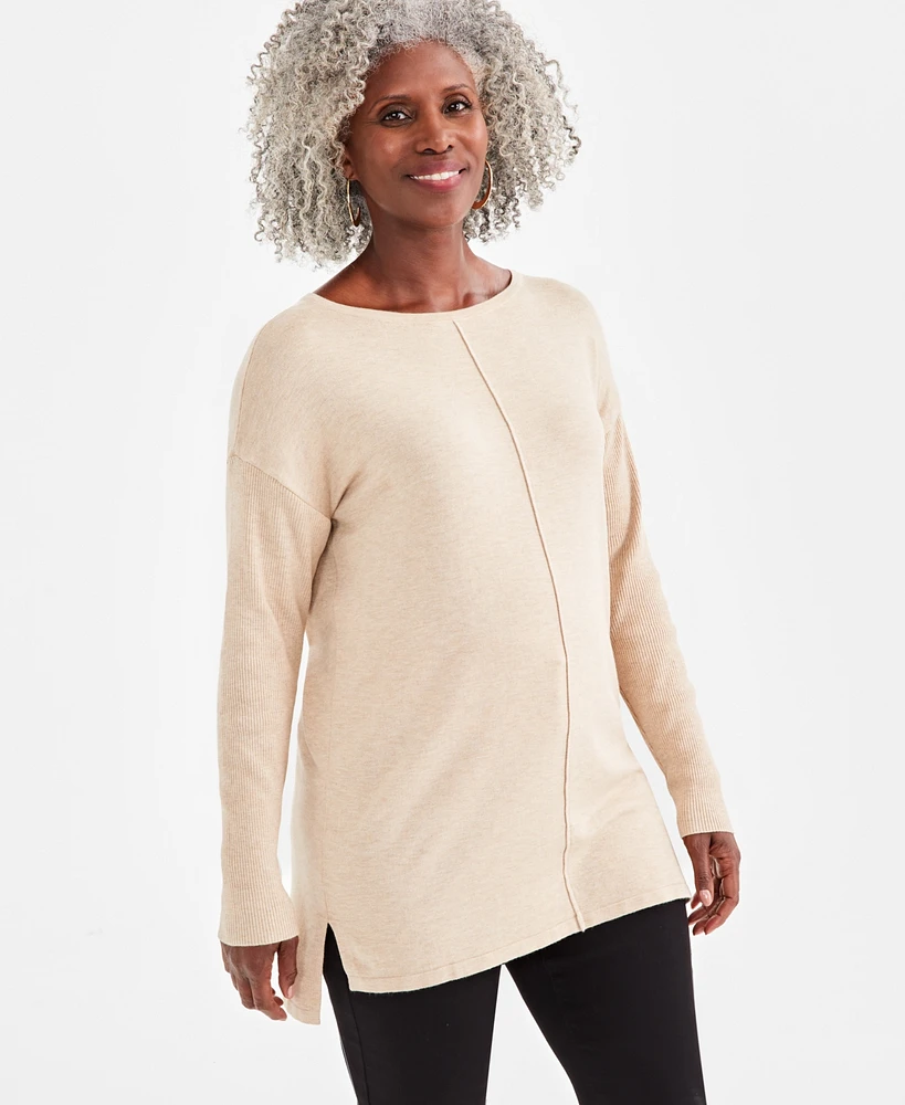 Style & Co Petite Ribbed-Sleeve High-Low Tunic Sweater, Created for Macy's