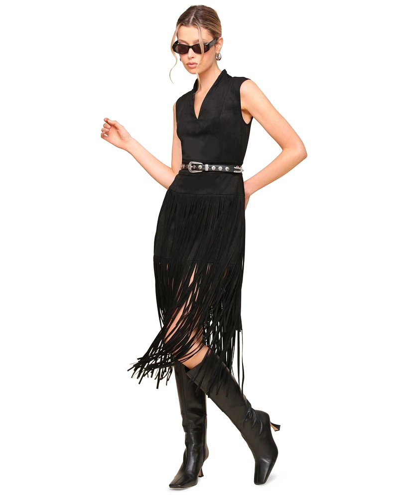 Avec Les Filles Women's Tiered-Fringe Sleeveless Dress