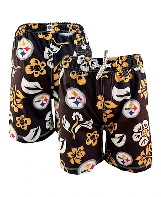 Wes & Willy Big Boys and Girls Black Pittsburgh Steelers Floral Volley Swim Trunks