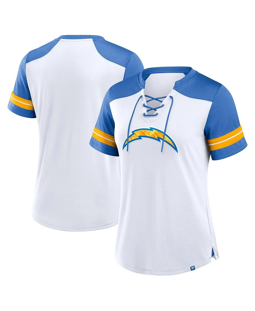 Fanatics Women's White/Powder Blue Los Angeles Chargers Foiled Primary Lace-Up T-Shirt