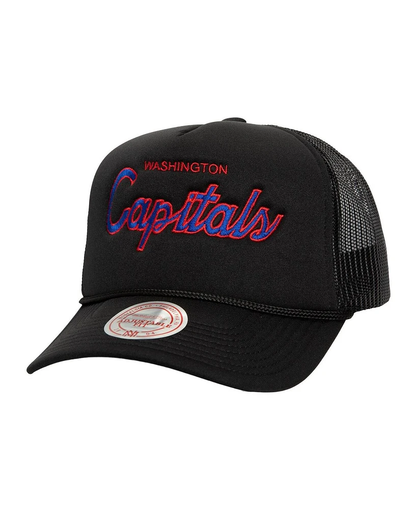 Mitchell & Ness Men's Black Washington Capitals Script Side Patch Trucker Adjustable Hat