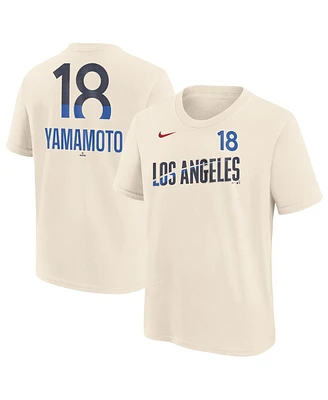 Nike Big Boys and Girls Yoshinobu Yamamoto Cream Los Angeles Dodgers 2024 City Connect Fuse Name Number T-Shirt