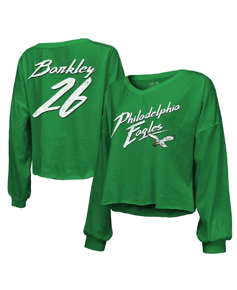 Majestic Women's Threads Saquon Barkley Kelly Green Philadelphia Eagles Name Number Off-Shoulder Script Cropped Long Sleeve V-Neck T-Shirt