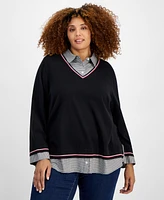 Tommy Hilfiger Plus Plaid Layered-Look Cotton Sweater