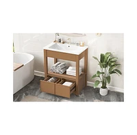 Streamdale Furniture 30" Brown Bathroom Vanity with Ceramic Sink, Open Shelf, 2 Drawers