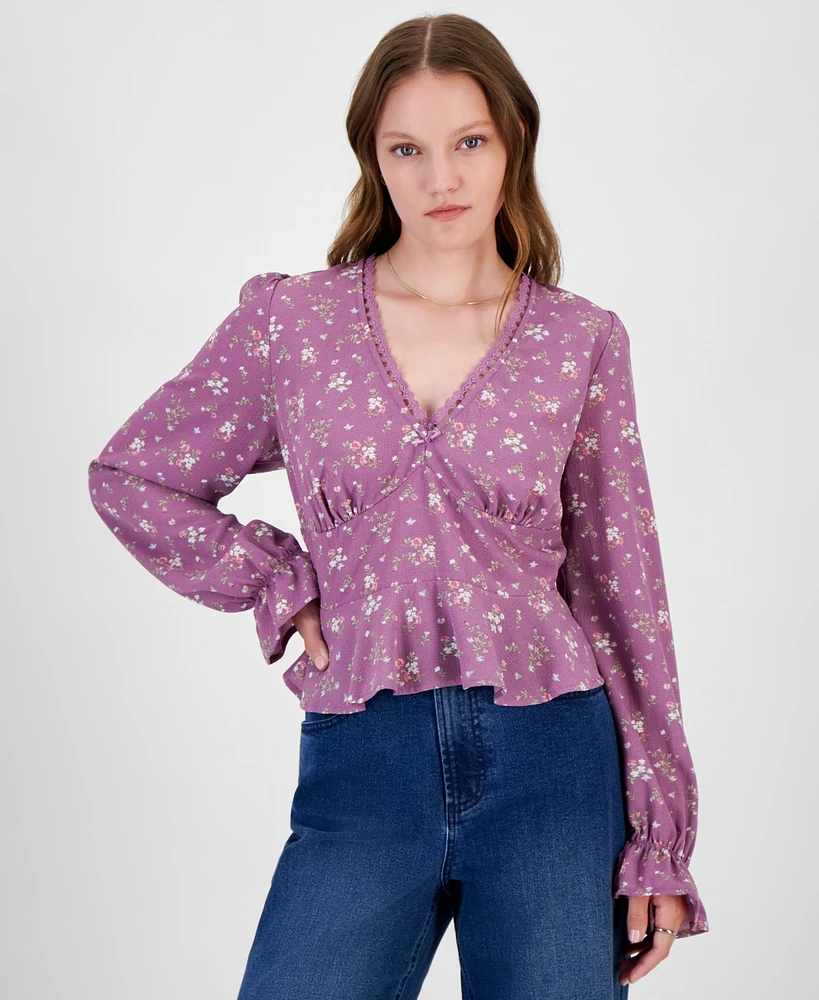 Celebrity Pink Juniors' V-Neck Printed Peplum Long Sleeve Top