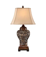 Leafwork Traditional Farmhouse Rustic Table Lamp with Table Top Dimmer 32.5" Tall Bronze Finish Rectangular Tan Shade for Living Room Bedroom Hou