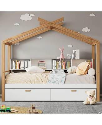 Simplie Fun Whimsical House Bed with Drawers and Bookshelves