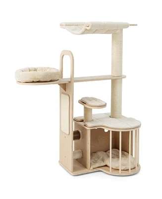 Slickblue 55 Inch Tall Multi-Level Cat Tree with Washable Removable Cushions-Natural