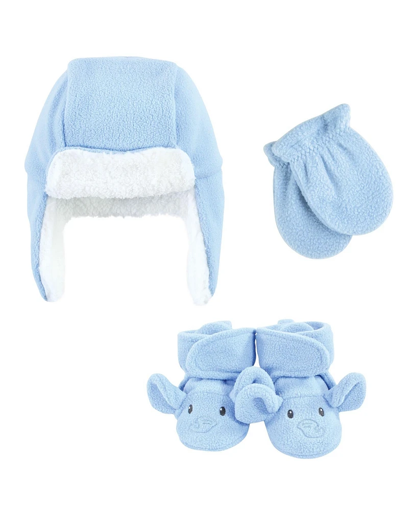 Hudson Baby Boys 6Pc Trapper Hat, Mitten and Bootie Set, Blue Elephant Giraffe