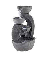 John Timberland Three Cup Japanese Style Outdoor Floor Water Fountain with Light Led 31 1/2" High Gray Faux Stone Cascading for Patio Backyard Deck Ho