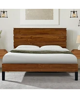 Mid-Century Modern Solid Wood King Bed with Six-Piece Headboard