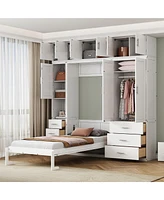 Simplie Fun Twin Size Murphy Bed with Lockers & Wardrobes, White