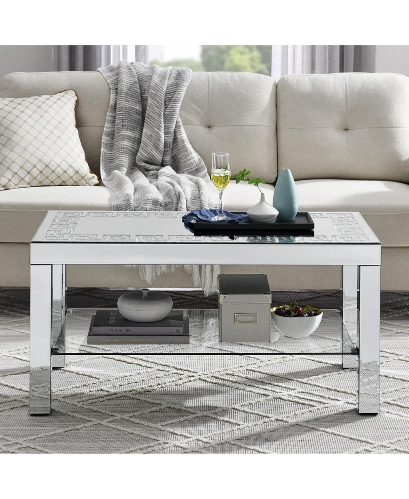 Simplie Fun Art Deco Mirror Coffee Table: Silver Mirror Glass with Diamond Edge Frame