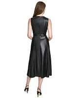 Halston Women's Faux-Leather Belted Sleeveless Midi Dress