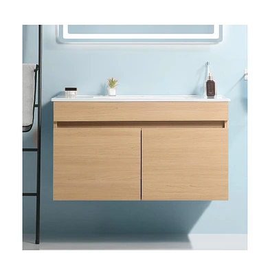 Simplie Fun 30" Wall-Mounted Vanity with Ceramic Sink, Soft-Close Doors, Solid Wood, Light Oak