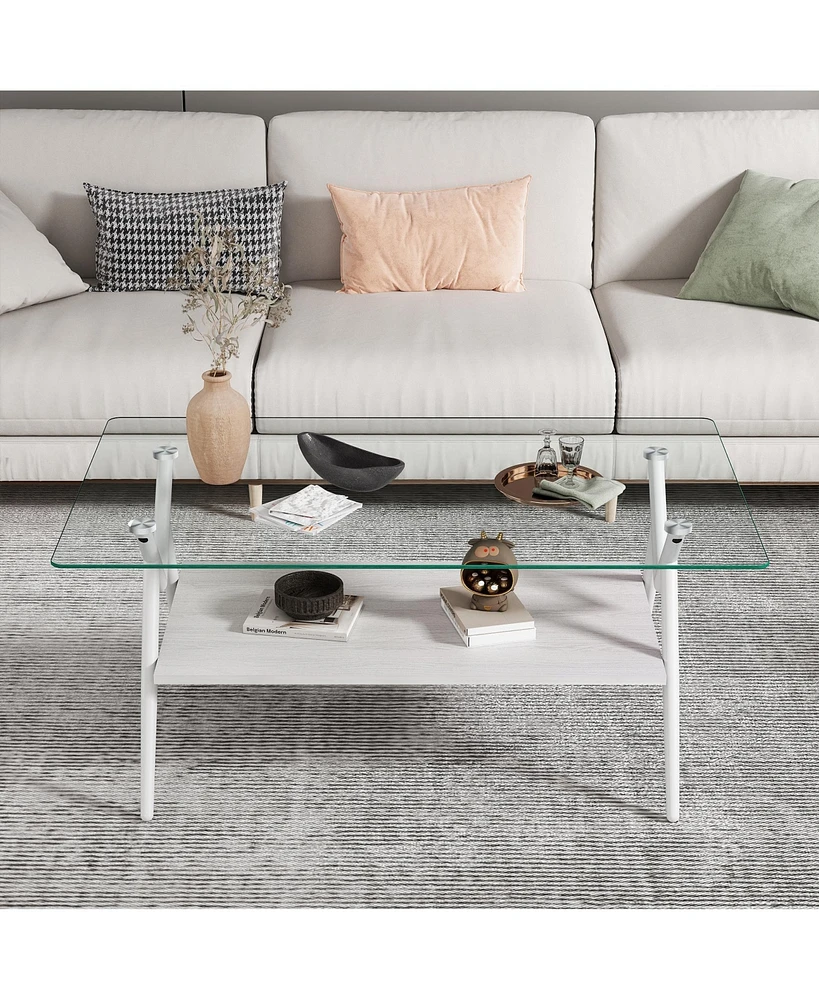 Simplie Fun Modern Glass Coffee Table with White Metal Legs