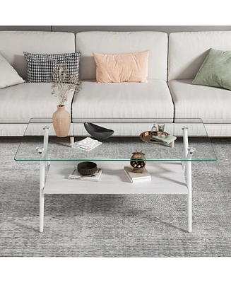 Simplie Fun Modern Glass Coffee Table with White Metal Legs