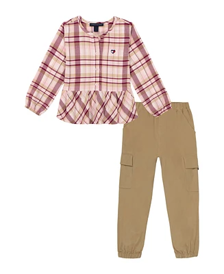 Tommy Hilfiger Toddler and Little Girls Plaid Flannel Peasant Top Corduroy Cargo Joggers