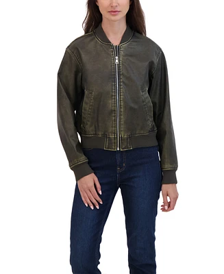 Sebby Collection Women's Distressed Faux Leather Bomber