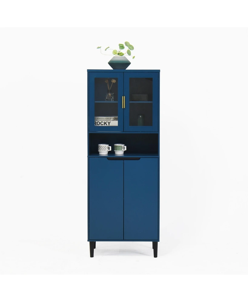 Simplie Fun Tall Storage Cabinet with Glass Display & Doors, Modern Blue Cabinet