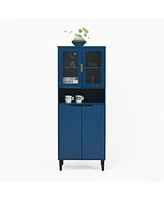 Simplie Fun Tall Storage Cabinet with Glass Display & Doors, Modern Blue Cabinet