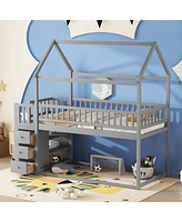 Simplie Fun Twin House Bunk Bed with Storage and Play Area in Gray