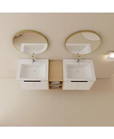 Wall-Mounted Vanity with Soft-Close Doors, Double Ceramic Basin, and Storage Shelves