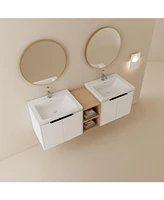 Streamdale Furniture Wall-Mounted Vanity with Soft-Close Doors, Double Ceramic Basin, and Storage Shelves