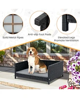 Slickblue Rattan Dog Bed with Waterproof Soft Cushion for Medium Small Dogs Cats-Grey