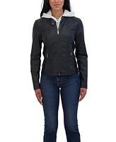 Sebby Collection Women's Zip Front Faux Leather Jacket With Removeable Hood Bib