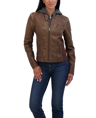 Sebby Collection Women's Zip Front Faux Leather Jacket With Removeable Hood Bib